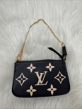 Louis Vuitton Black & Beige Monogram Mini Pochette with Gold Chain